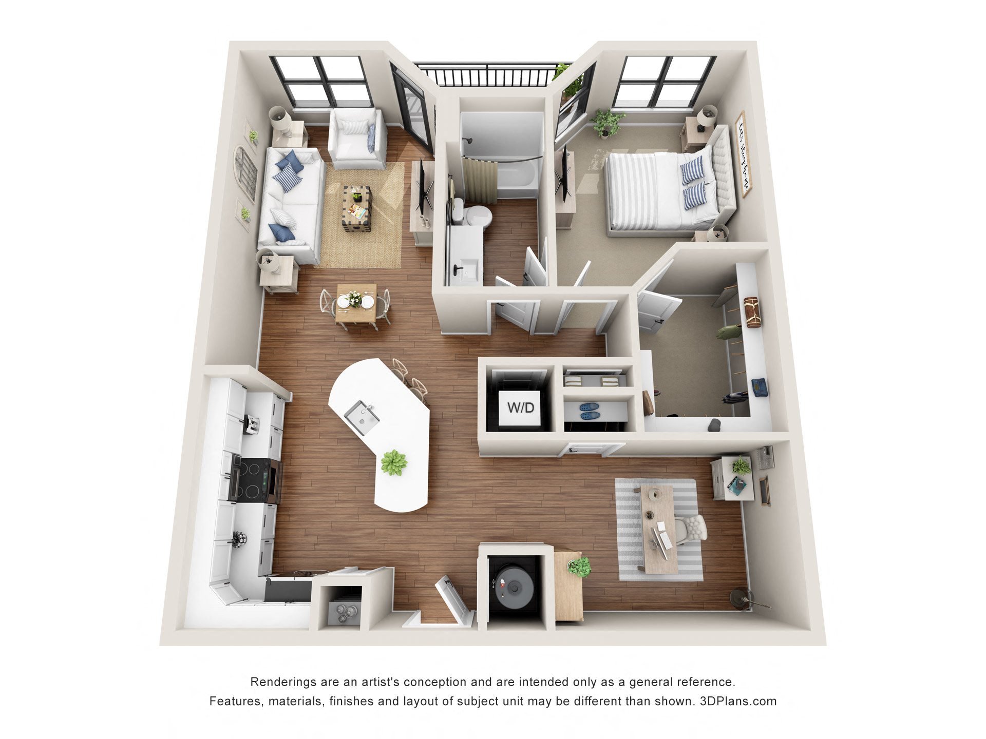 Floor plan for 1 bed, 1 bath, 876 sqft